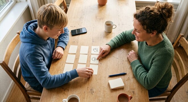 Mother and son playing memory card matching game together at wooden dining table in bright cozy home interior.