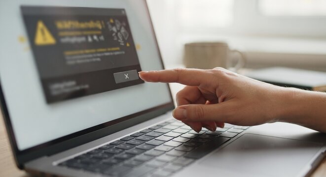 Person clicking close button on pop-up error window on laptop computer.