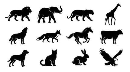 Fototapeta premium Animal silhouettes collection featuring various wildlife species and domestic creatures