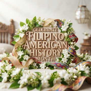 Wooden sign celebrating Filipino American History Month sits framed by white jasmine garlands and woven patterned ribbons.