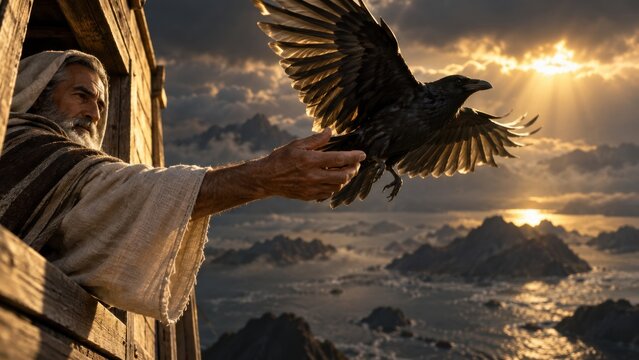 Noah releases a raven from the ark above floodwaters. Biblical story of Noah and the great flood. Genesis narrative of survival and renewal. Old Testament religious illustration.