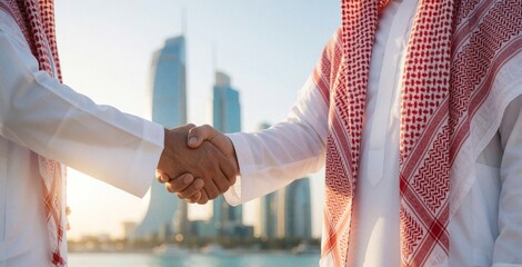 Fototapeta premium Two Saudi businessmen make pro handshake in modern city. Middle East partners seal deal with agreement outdoors. Men wear traditional thobe, keffiyeh near skyscrapers. Successful corporate
