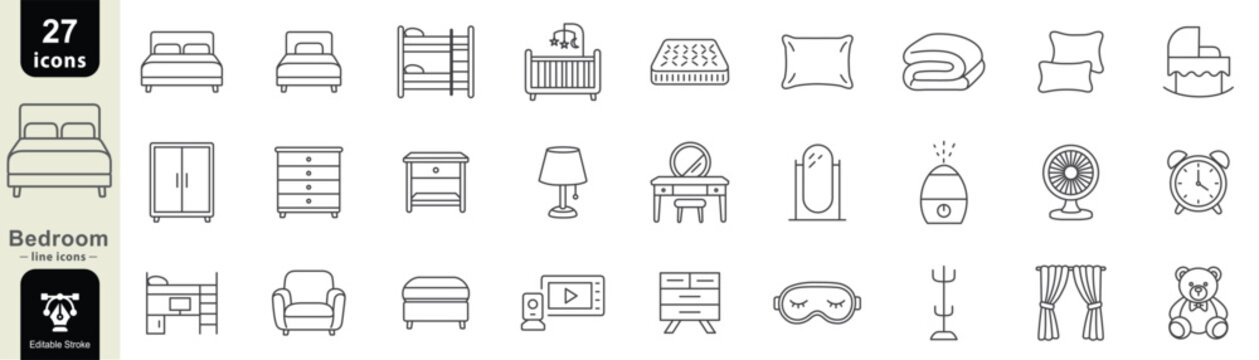 Minimalist bedroom line icon set including beds, furniture, bedding, decor, sleep accessories, and essentials in modern UI editable stroke