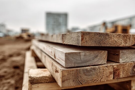 Plywood sheets stack in a pile on wooden pallet block on ground sand. City residential site building materials. Supplier industry. Construction tenders bidding, government procurement contract b2b