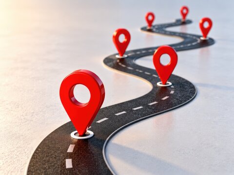 Winding black asphalt road featuring multiple red location pin markers symbolizes strategic navigation planning business development growth path journey forward.