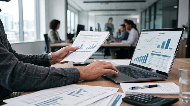 A close-up shot of a person analyzing financial reports at a desk in a modern office environment.