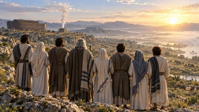 Noah and his family watch the ark and animals across a mountain valley. Biblical flood story. Genesis narrative of survival and renewal. Faith, preservation and new beginning concept.