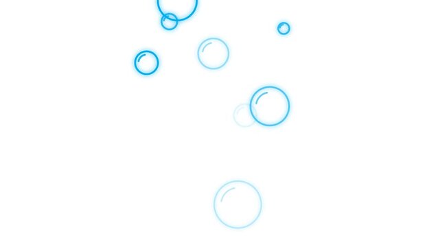 Transparent air bubbles floating and rising smoothly through clear liquid blue water background.