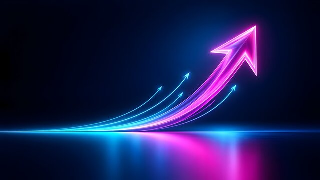 Glowing neon pink and blue curved arrows rising upward on dark reflective surface symbolizing rapid business growth and digital acceleration