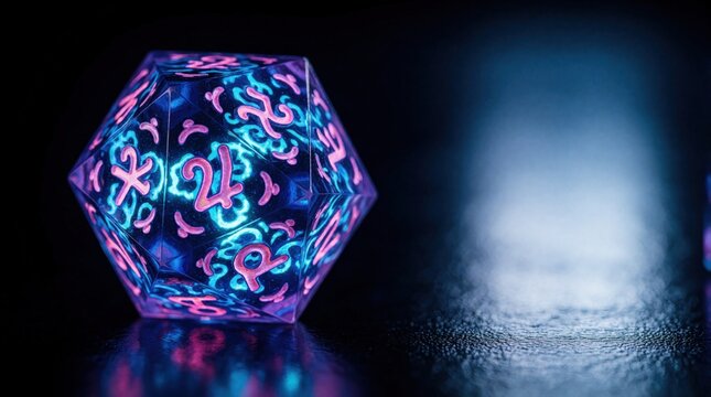 Glowing multi colored polyhedral die with neon astrological zodiac symbols. Transparent crystal d20 shape shines with pink, blue light on dark surface. Magic gaming dice for fantasy tabletop rpg
