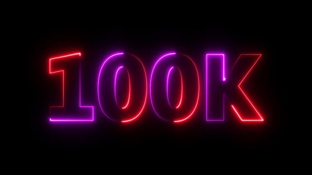 100K celebration effect motion video Glowing neon text icon animation on black background. 100k follower,100K subscribers milestone neon sign glowing blue light motion video footage 4k cinematic clip,