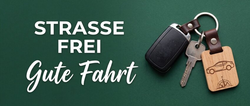 Car key keychain driving license German text Strasse Frei Gute Fahrt on dark green background flat lay banner for travel road trip automotive rental service car buying congratulation card concept