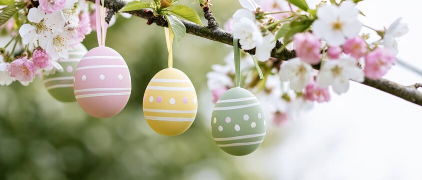 Painted easter eggs in pastel colors hanging from a cherry blossom branch in spring garden