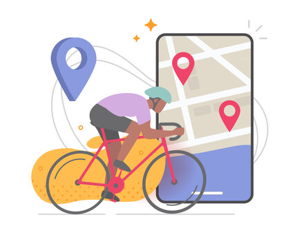 Cyclist navigation gps location service app on mobile phone app icon modern drawn graphic illustration, sport bicyclists rider travel routes tracking technology, fitness activity concept clip art