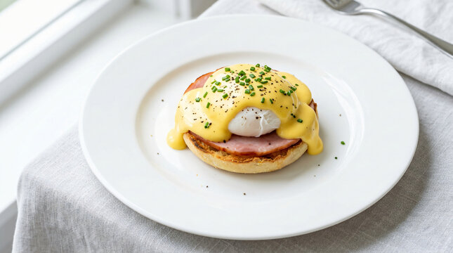 A delicious Eggs Benedict served on a white plate for breakfast.