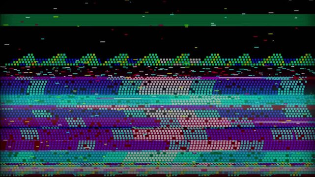 Glitch effect displays colorful crt scanlines and digital distortion. Retro pixel texture features neon blue and purple rgb noise pattern elements.