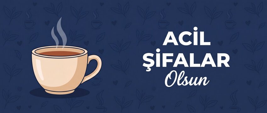 Acil sifalar olsun Turkish get well soon card with steaming hot tea cup vector illustration on dark blue tea leaf pattern background for wellness healing wishes banner template typography graphic