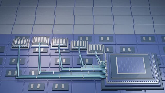 AI processor and staggered memory modules exchanging high-speed data across parallel highways
