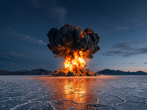 A massive mushroom cloud explosion erupting over a desolate salt flat landscape at twilight.