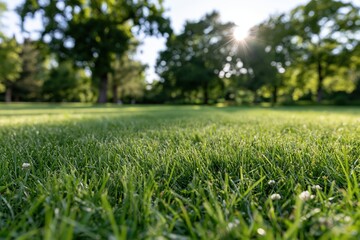 Obraz premium The Sunlit Grass Field in a Quiet Park at Dawn