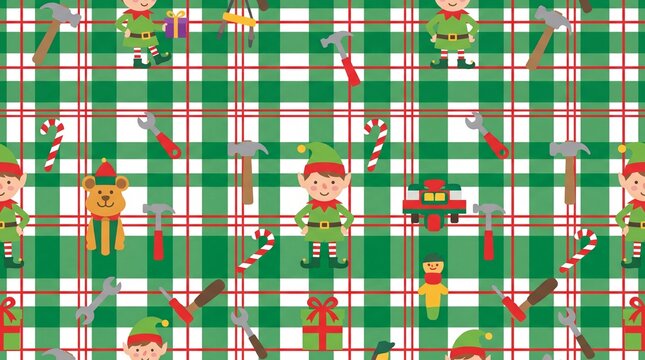 Cute Christmas elf workshop seamless pattern on green plaid background