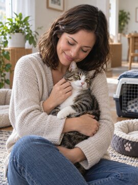 Woman embraces a newly adopted cat at home