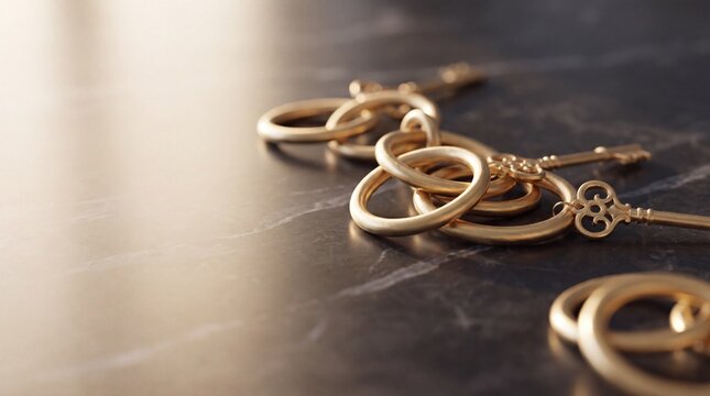 data security concepts, interlocking golden rings and cryptographic keys rest on a black marble surface