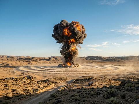 Massive explosion with a mushroom cloud rising over a desolate desert landscape.