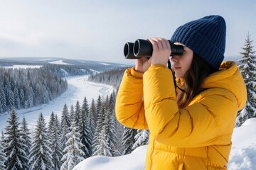 Obraz premium Young woman in yellow jacket uses binoculars to watch birds in winter forest. Female explorer stands on snowy mountain looking at frozen river, pine trees. Ornithologist conducts nature research