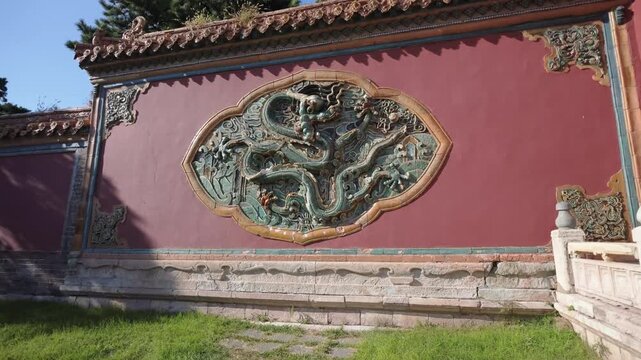 Dragon relief and marble railing at Zhaoling Tomb in Shenyang, China