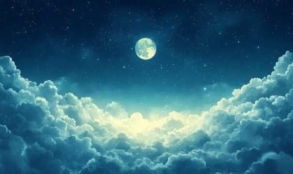 A watercolor background of a night sky with clouds and stars, Generative AI