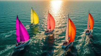 Obraz premium Aerial view of colorful sailboats racing on blue ocean during sunset. Multiple yachts with vibrant pink, yellow, red, orange, peach sails move through sea waves. Marine regatta competition takes