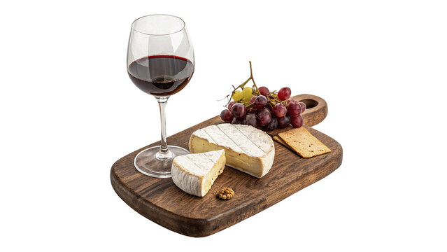 Gourmet wine and cheese board pairing appetizer assortment layout isolated on transparent background