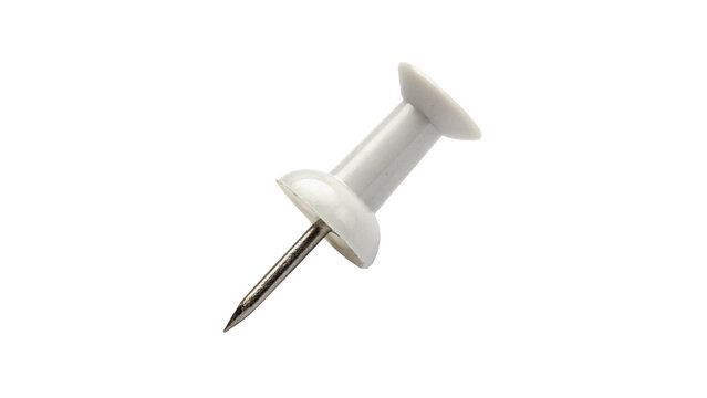 White plastic office push pin sharp metallic thumbtack isolated on transparent background