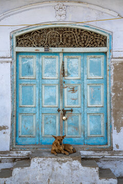 Arched door with iron scrollwork, Mandvi, India