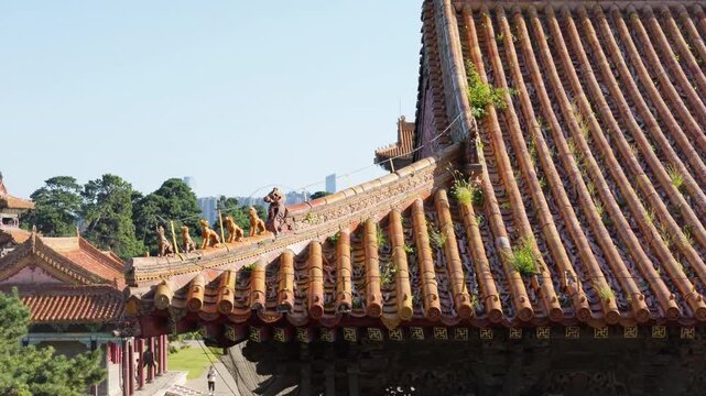 Aged tiled roof and roof ridge detail at Qing dynasty tomb