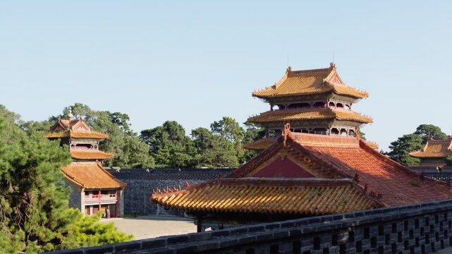 Elevated view of Qing dynasty hall roofs at Zhaoling Tomb