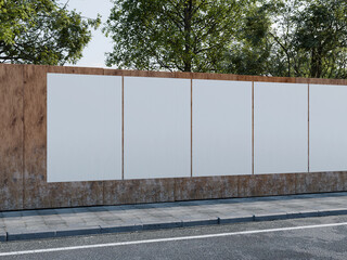 Blank white glued poster on hoarding mockup urban street with trees © impro-studio