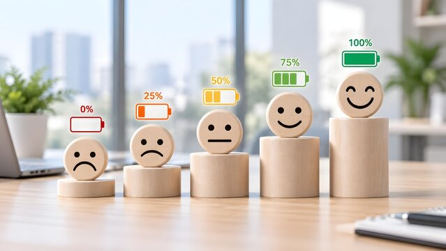 Customer Satisfaction Survey Rating with Percentage Levels and Wooden Smileys