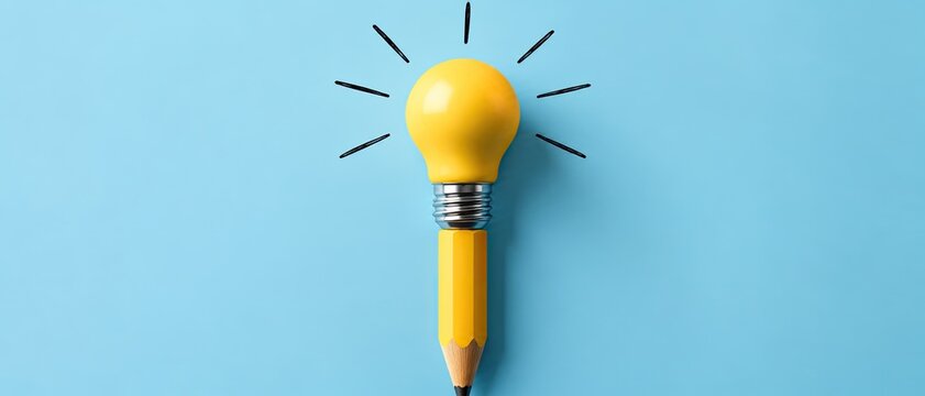 Creative yellow light bulb pencil hybrid on light blue background represents innovative design and smart educational solutions for modern workspace marketing.