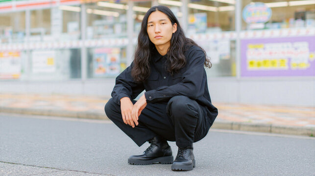 Young man with long hair wearing black outfit and boots squatting on street with calm expression