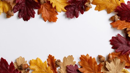 Fototapeta premium The Autumn Leaves Border Frame Framing White Center for Flatlay Composition