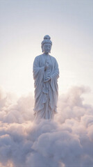Fototapeta premium Guanyin Statue Surrounded by Clouds Beneath Peaceful Sky in Serene Sacred Setting