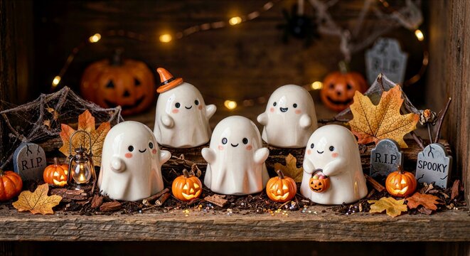 Cute Ceramic Ghosts with Halloween Pumpkins and Autumn Decorations