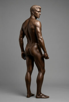 Muscular male bronze statue standing in rear view on gray background for classical art and fitness concepts [copy space]