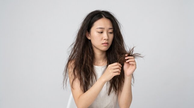Asian woman examining dry, frizzy and damaged hair against a clean studio background, expressing concern about split ends and hair condition. Suitable for shampoo advertising, haircare campaigns, beau