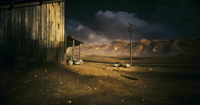 Rustic supply shed near open plain bathed in golden sunset, corrugated siding glinting, scattered tools and crates, dust tracks leading toward horizon, warm