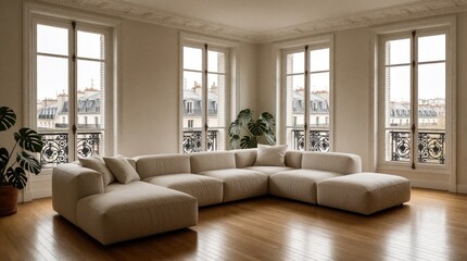 Fototapeta premium Minimalist Parisian apartment living room with large beige sectional sofa. Tall windows overlook city buildings, streets. Bright indoor space features hardwood floors, neutral colors, elegant