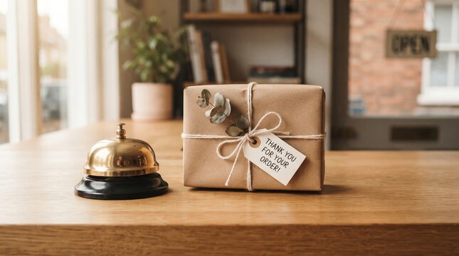 thank you for your order kraft paper parcel with service bell on wooden counter