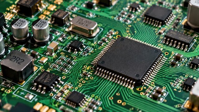 A close up view of a green printed circuit board with various electronic components including microchips, capacitors, and resistors for computing power.